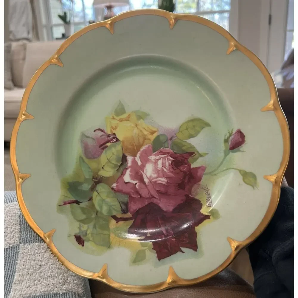 Vtg Porzellan Imperial Set of 2 Dinner Plates Mint green‎ Pink Roses by Ullrich